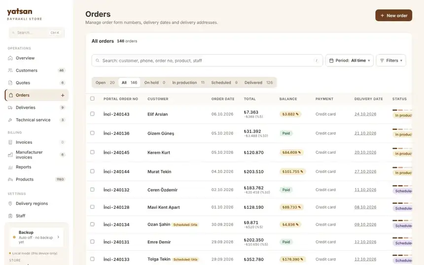 Yatsan portal order list with demo data